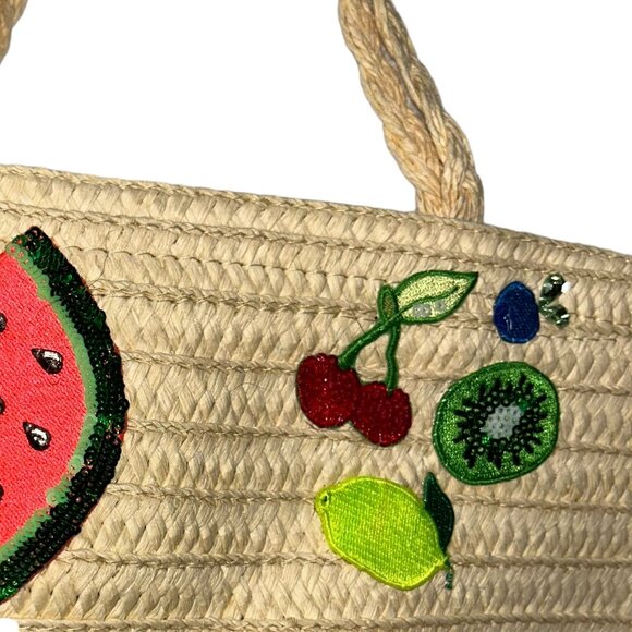 J. Crew straw watermelon fruit sequins embellished straw tote bag 14x10" - Picture 5 of 6